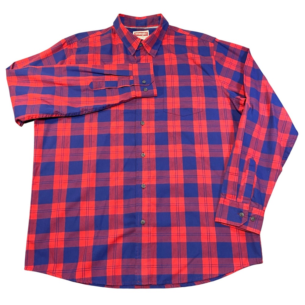 Wrangler Mens Red Blue Plaid Long Sleeve Button Down Shirt Large